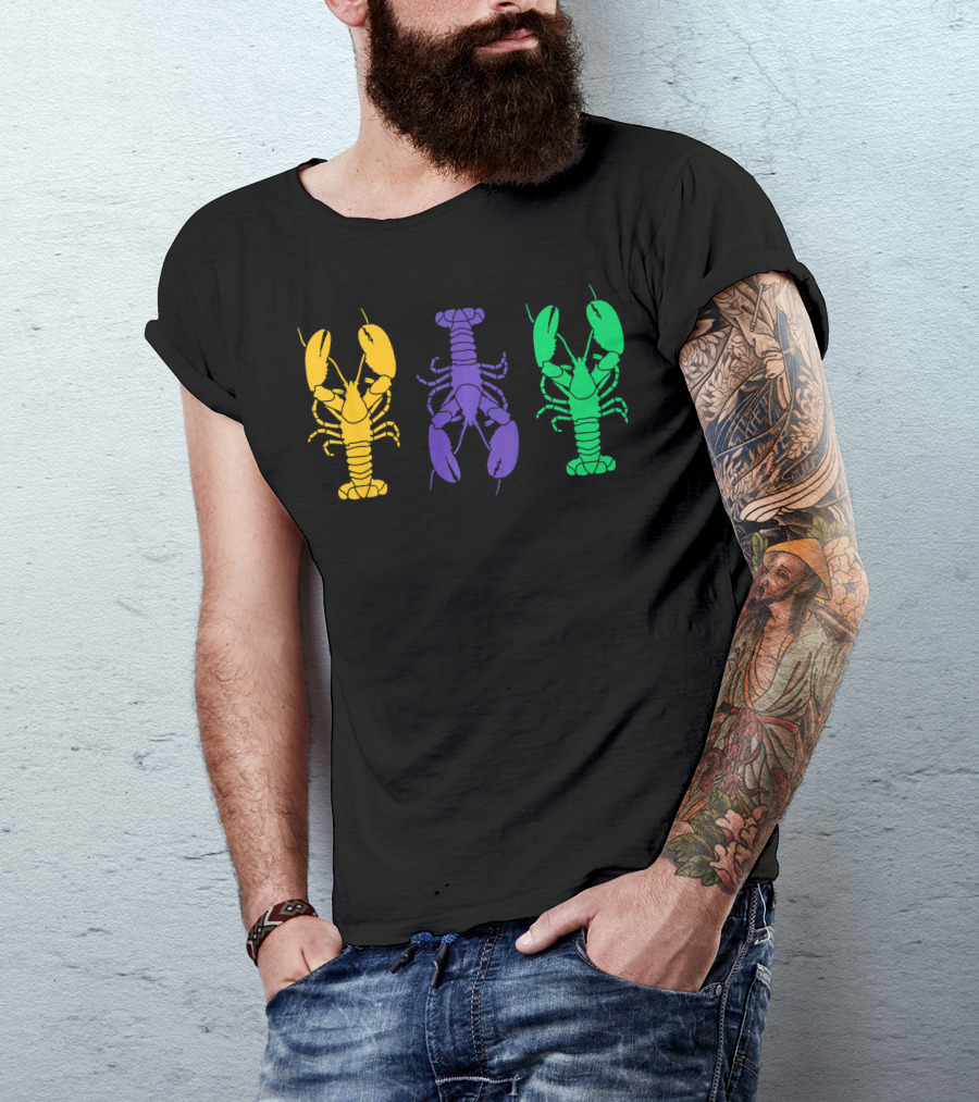 Mardi Gras Yellow Purple Green Crayfish Lobsters T-Shirt