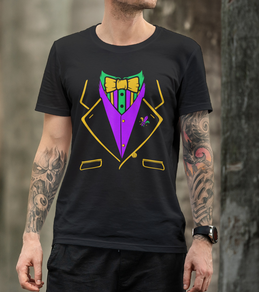 Mardi Gras Tuxedo Costume With Funny Carnival Bow Tie And Fleur-de-Lis Motif T-Shirt