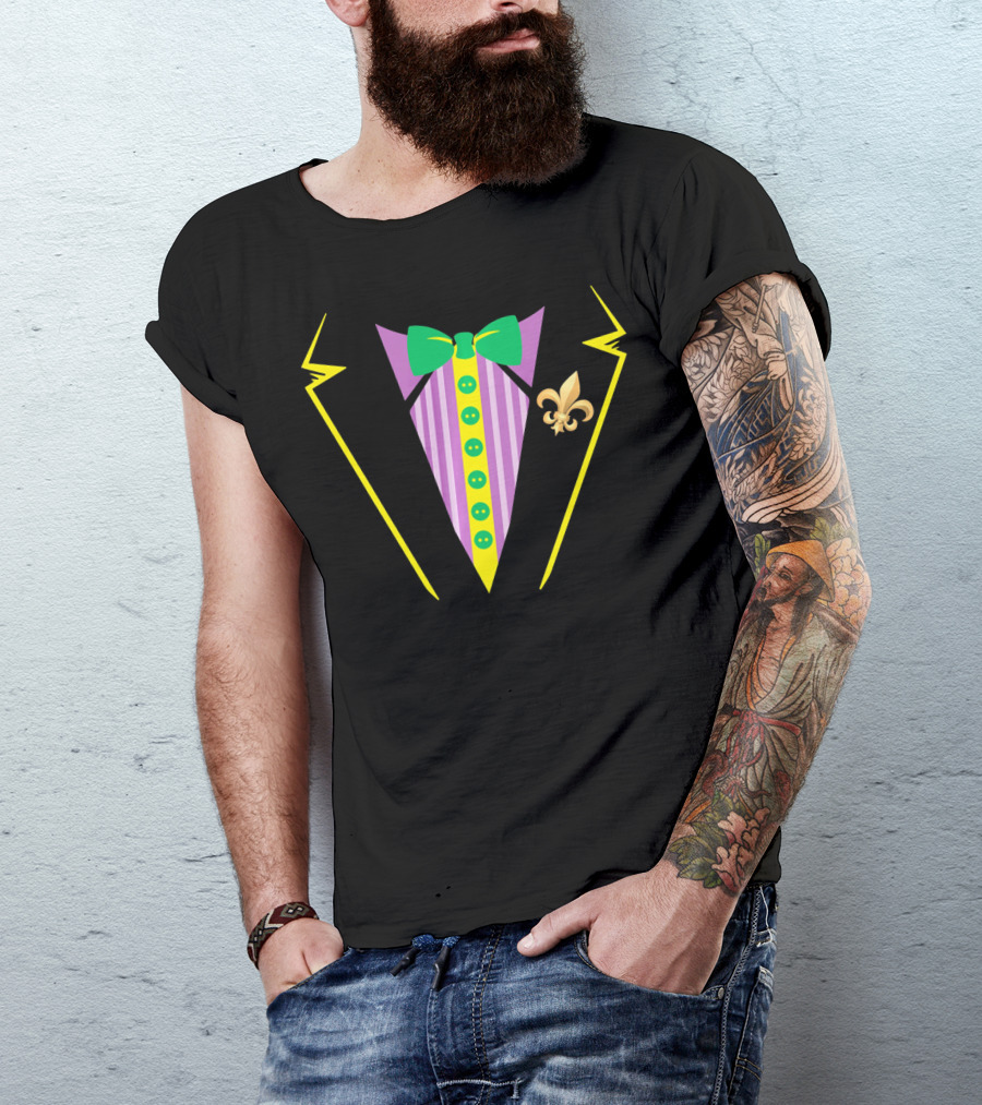 Mardi Gras Tux With Bow Tie And Fleur De Lis Icon For Funny Party T-Shirt