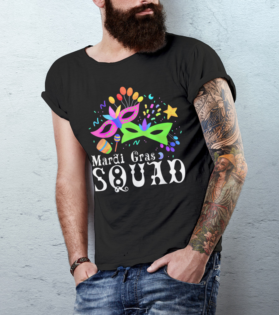Mardi Gras Squad Mask Beads Confetti Celebration Fun T-Shirt