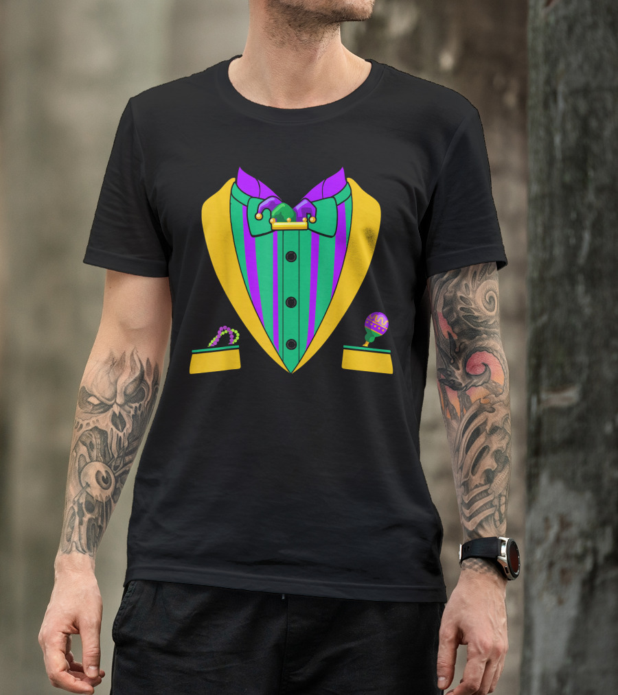 Mardi Gras Tuxedo Vest Costume Funny Maracas And Beads T-Shirt
