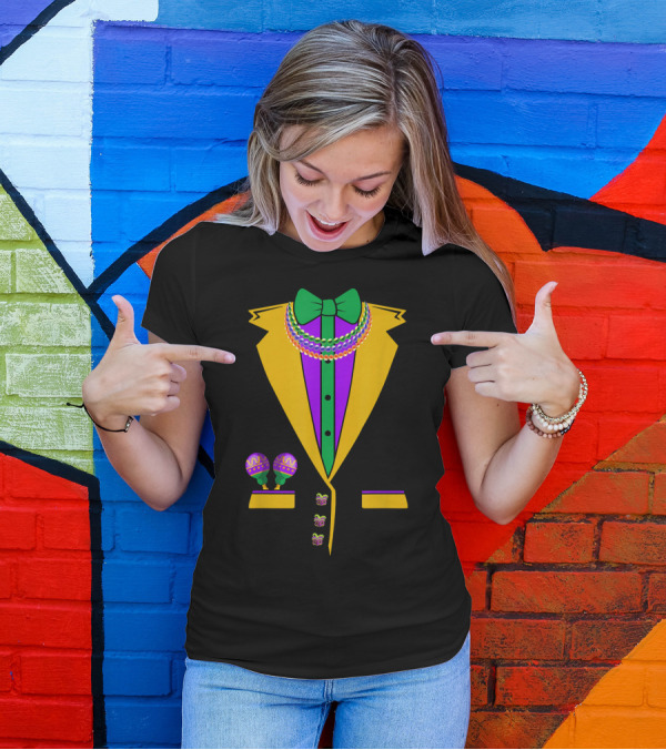 Tuxedo Vest Mardi Gras Beads Bowtie Maracas Costume T-Shirt
