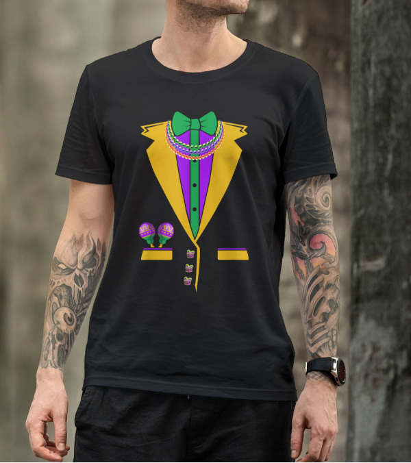 Tuxedo Vest Mardi Gras Beads Bowtie Maracas Costume T-Shirt