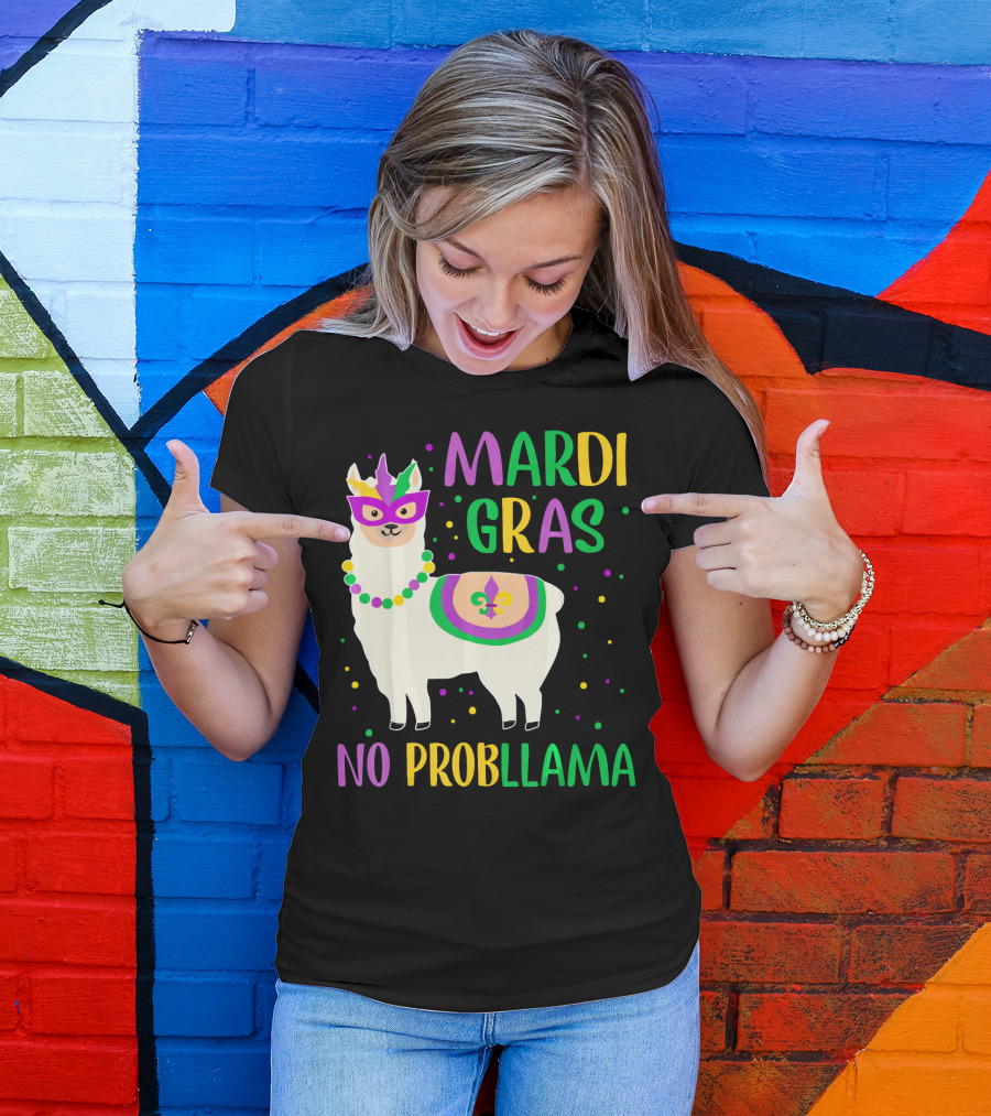 Mardi Gras No Probllama Llama Mask Beads Fleur-de-Lis T-Shirt