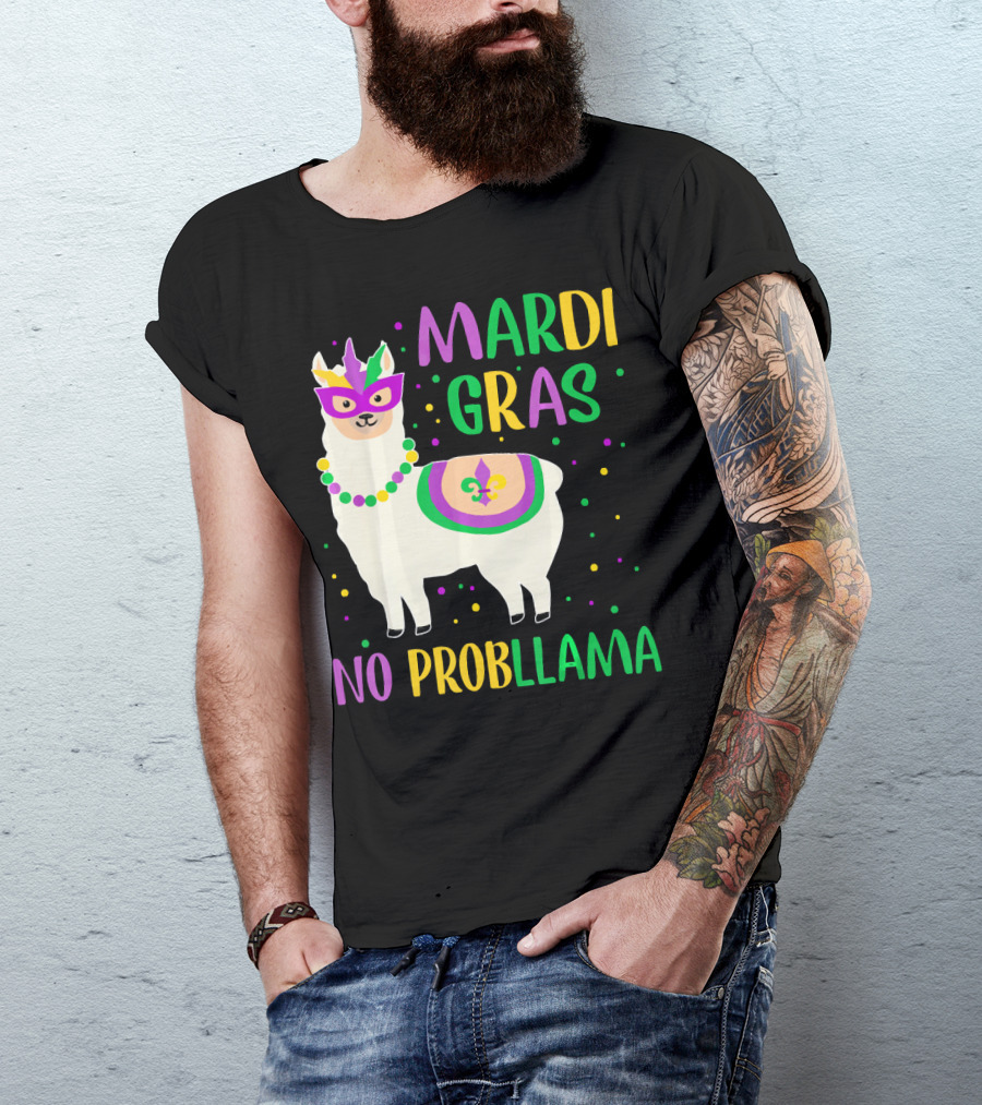 Mardi Gras No Probllama Llama Mask Beads Fleur-de-Lis T-Shirt