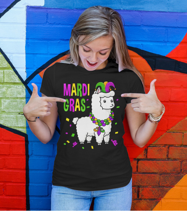 Mardi Gras Llama Jester New Orleans Beads Confetti T-Shirt