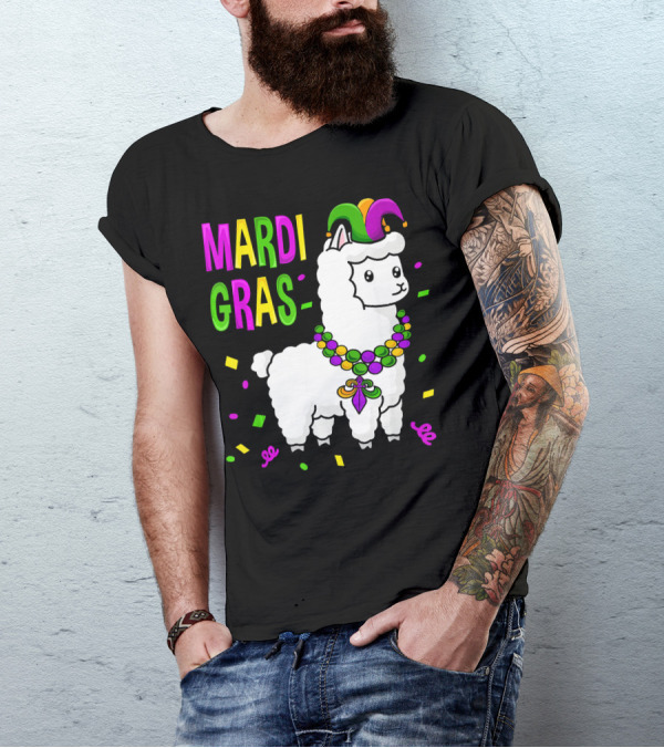 Mardi Gras Llama Jester New Orleans Beads Confetti T-Shirt