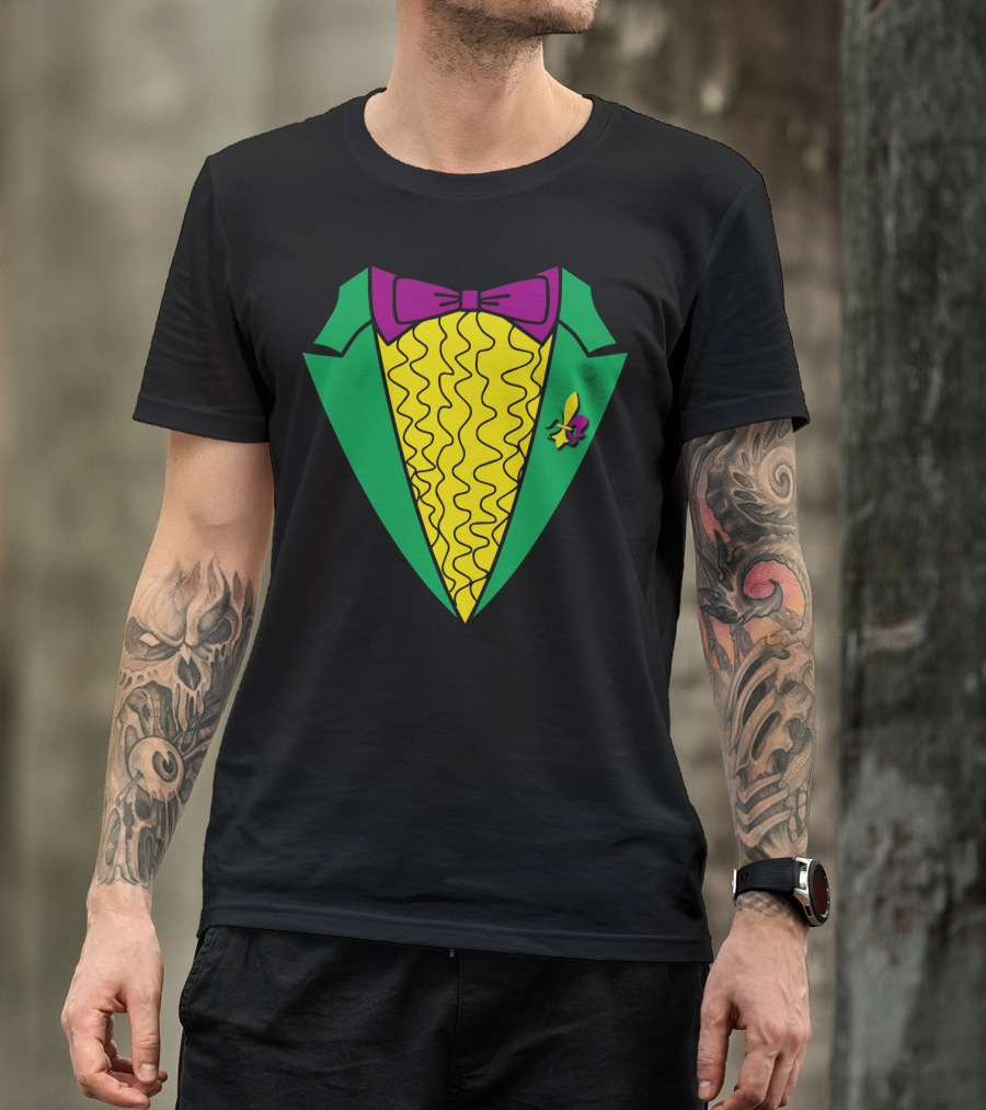 Mardi Gras Tuxedo Costume Party Green Jacket Purple Bow Tie Fleur De Lis T-Shirt