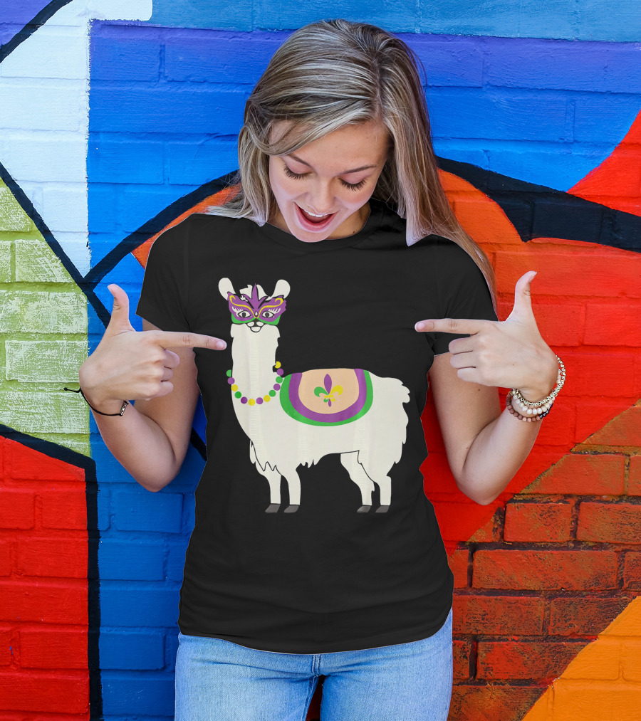 Mardi Gras Llama With Fleur-de-Lis Beads And Mask For Funny Carnival Party T-Shirt