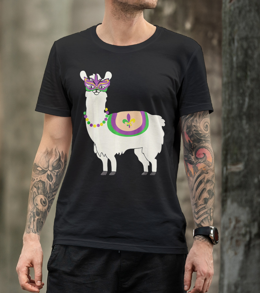 Mardi Gras Llama With Fleur-de-Lis Beads And Mask For Funny Carnival Party T-Shirt