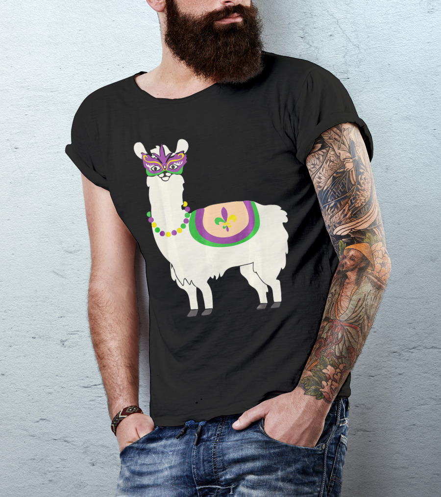 Mardi Gras Llama With Fleur-de-Lis Beads And Mask For Funny Carnival Party T-Shirt