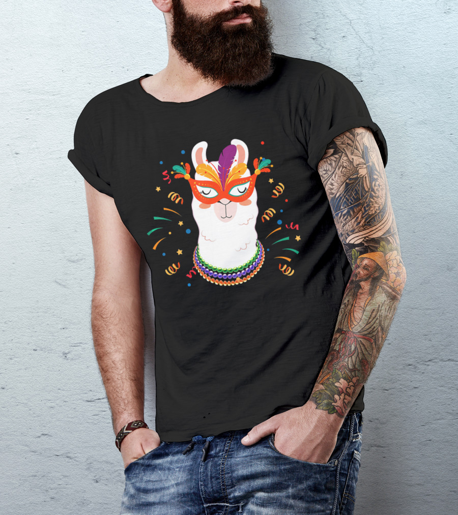 Llama Mardi Gras Mask Beads Festive T-Shirt