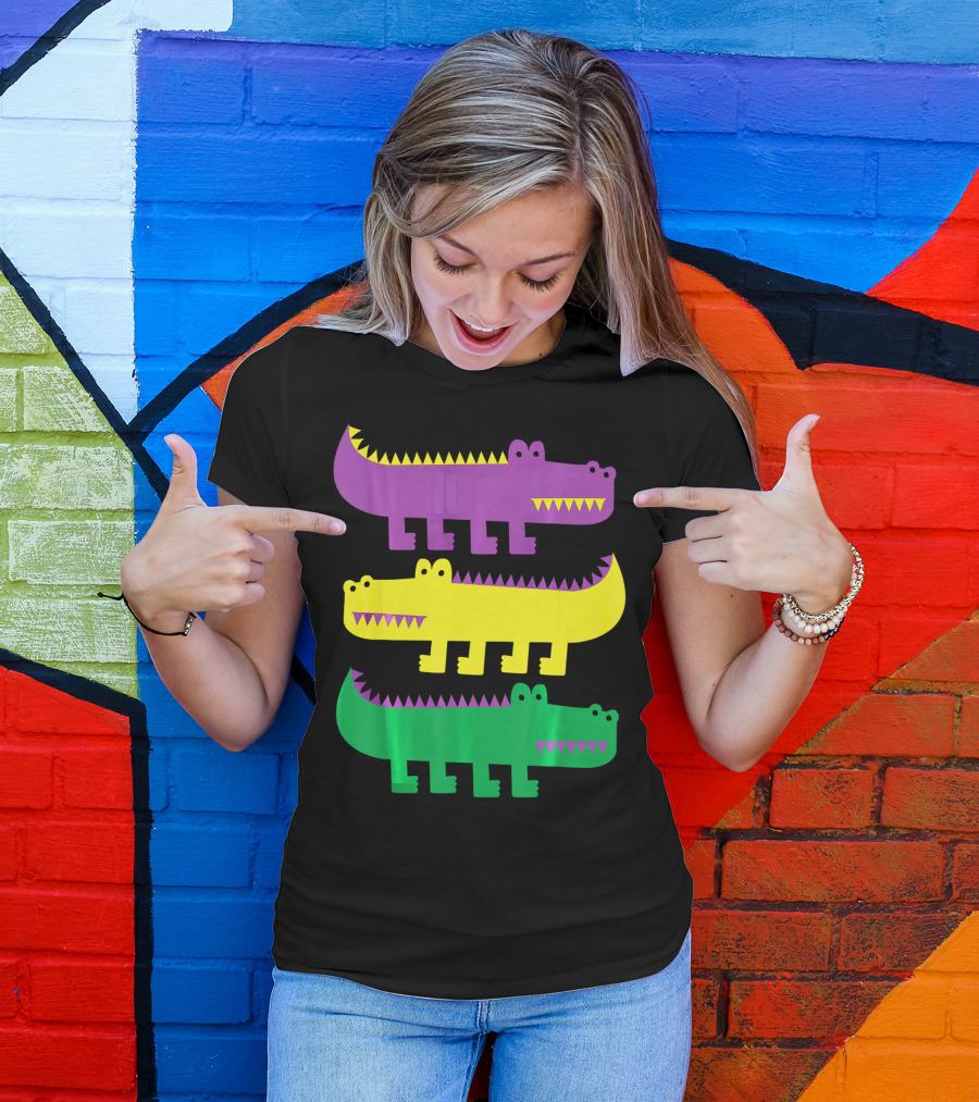 Mardi Gras Happy Alligator Crocodile Fun Purple Yellow Green Trio T-Shirt