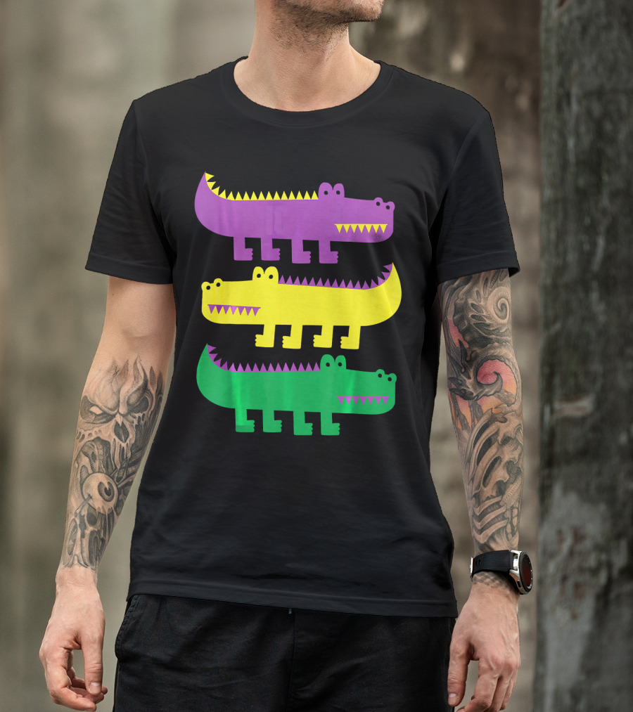 Mardi Gras Happy Alligator Crocodile Fun Purple Yellow Green Trio T-Shirt