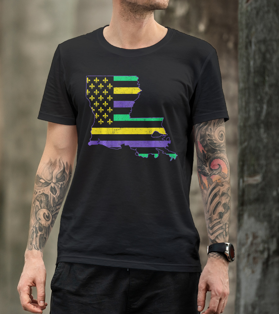 New Orleans Mardi Gras Louisiana Map Fleur-de-lis Flag T-Shirt