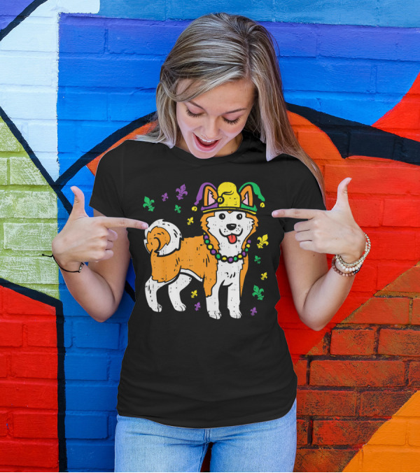Jester Shiba Inu Akita Japanese Dog Mardi Gras Fleur-de-Lis T-Shirt