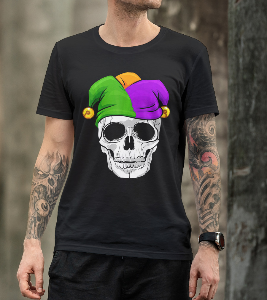 Mardi Gras New Orleans Skull With Colorful Jester Hat T-Shirt