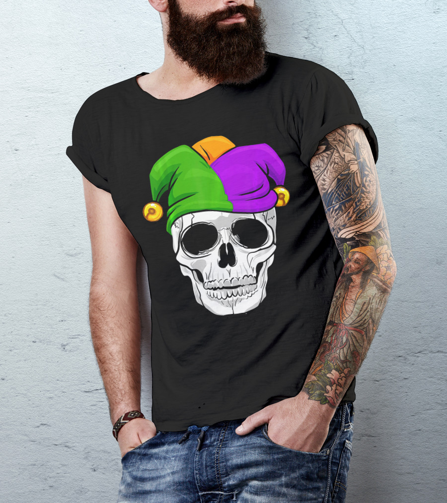 Mardi Gras New Orleans Skull With Colorful Jester Hat T-Shirt