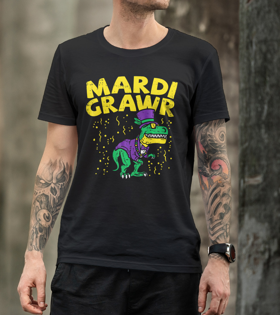 Mardi Grawr Rex Dinosaur Funny Mardi With Top Hat And Beads In Festive Colors T-Shirt