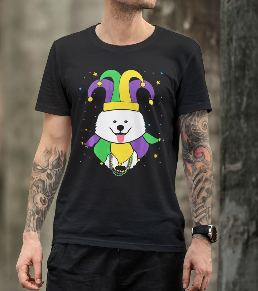 Funny Samoyed With Jester Hat And Mardi Gras Colors T-Shirt