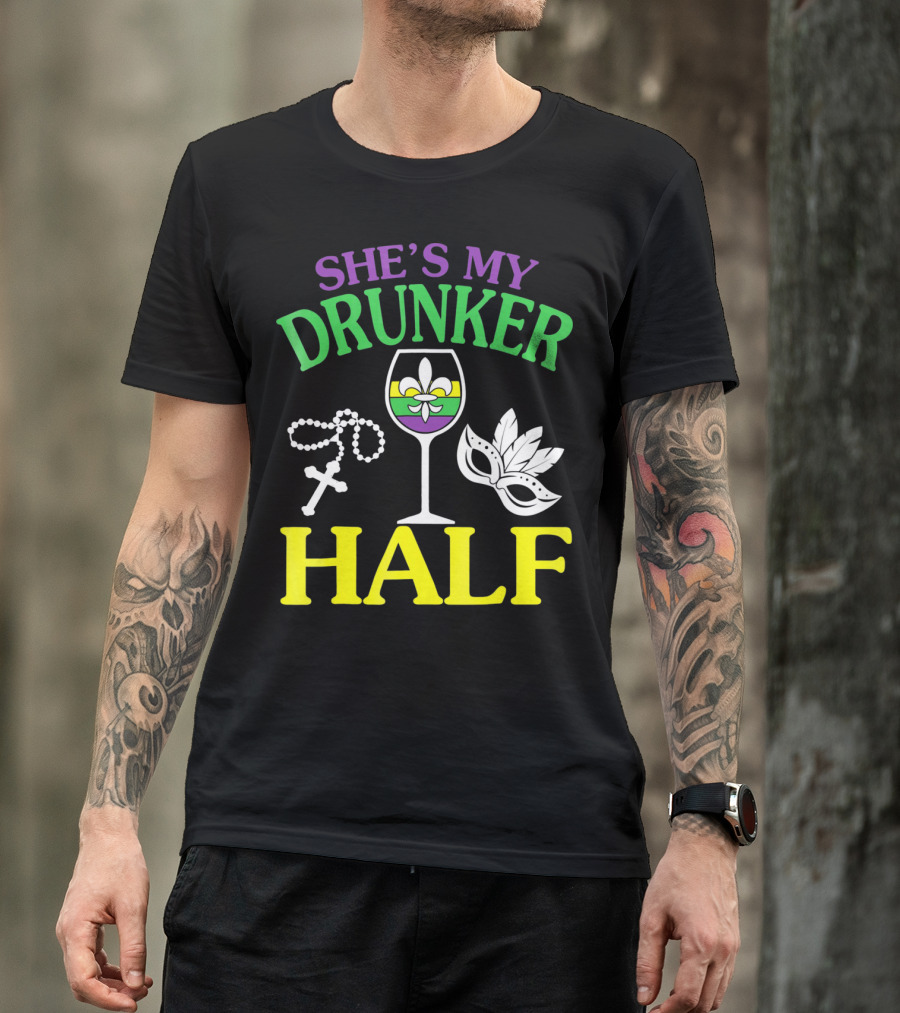 SHE'S MY DRUNKER HALF Fleur-de-Lis Wine Glass Beads Mask T-Shirt