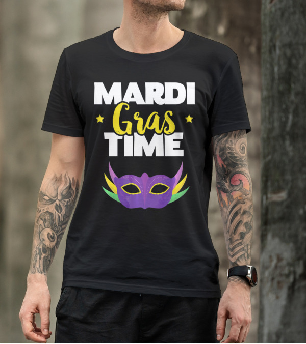Mardi Gras Time Mask With Stars And Purple Yellow Green Elements T-Shirt