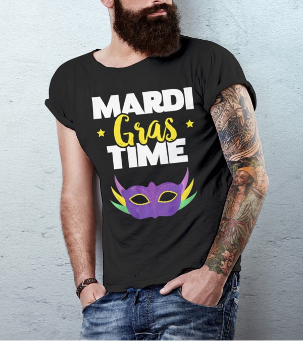 Mardi Gras Time Mask With Stars And Purple Yellow Green Elements T-Shirt