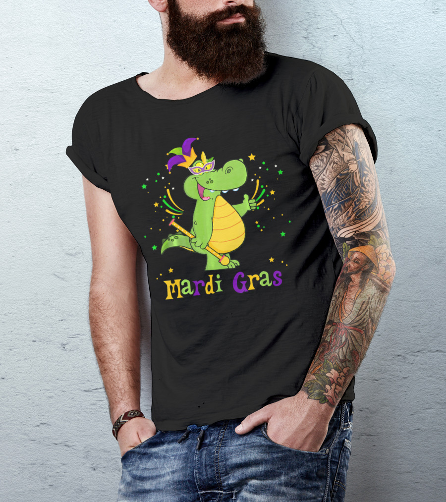 Mardi Gras Alligator With Mask And Star Accents T-Shirt