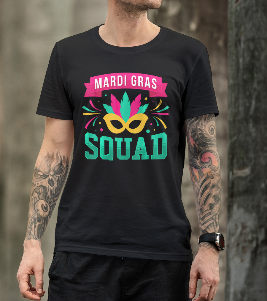 Mardi Gras Squad Carnival Mask Colorful Feathers Nola Doub T-Shirt