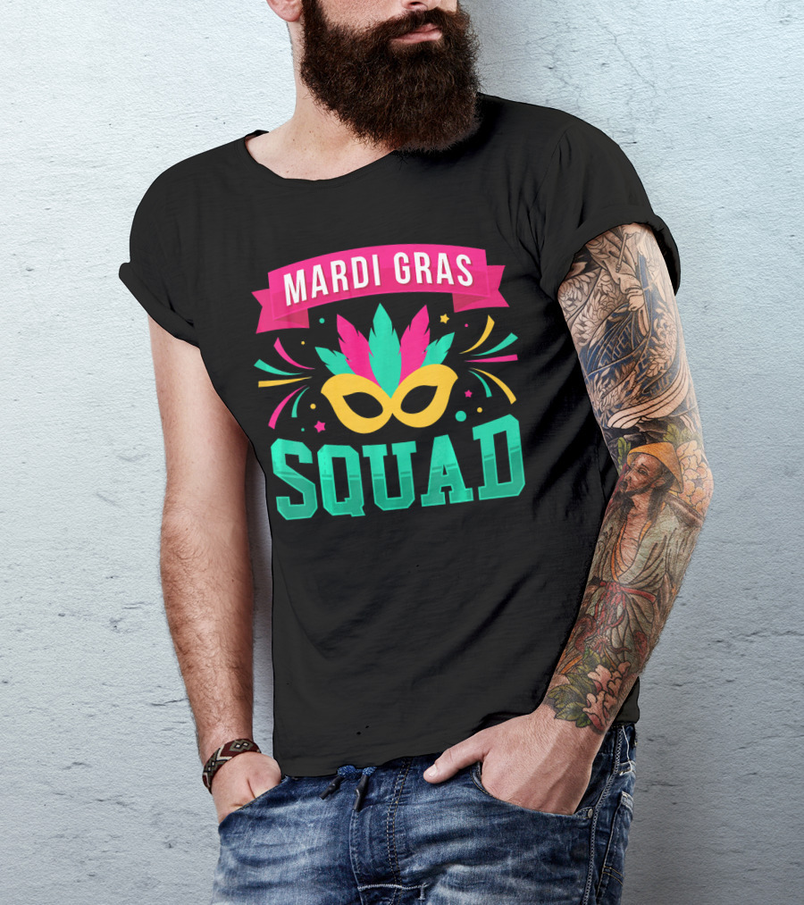Mardi Gras Squad Carnival Mask Colorful Feathers Nola Doub T-Shirt