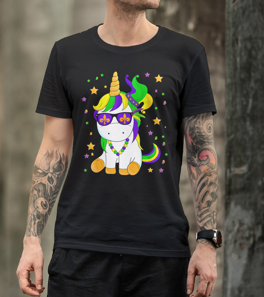 Mardi Gras Unicorn Kid Carnival Stars Fleur-de-Lis Beads T-Shirt