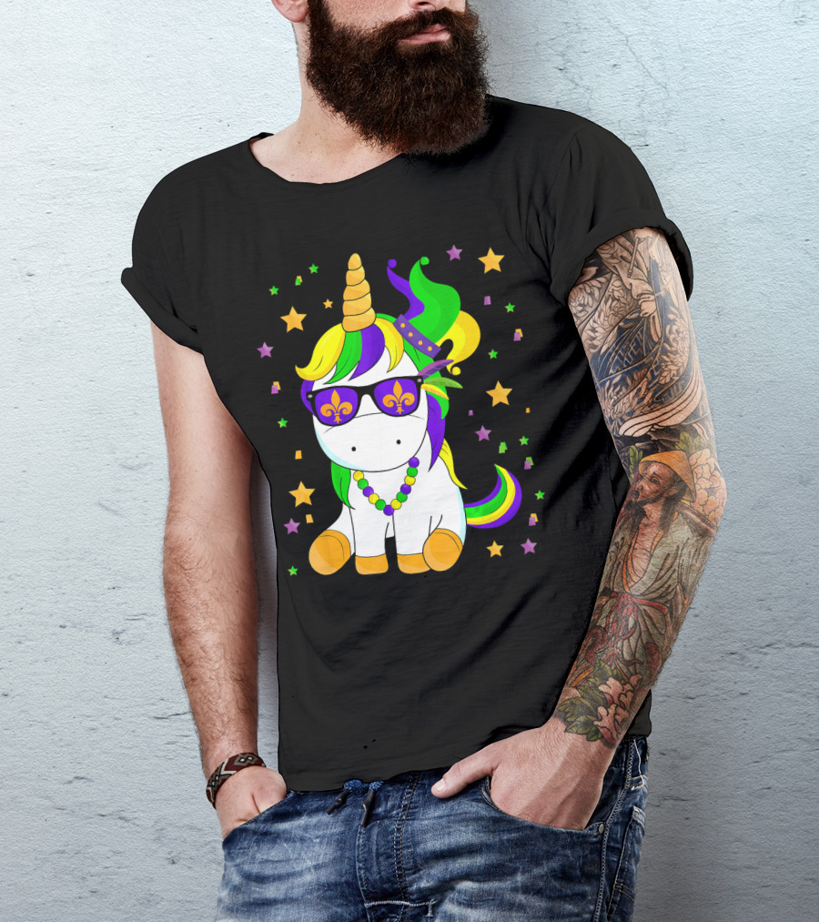 Mardi Gras Unicorn Kid Carnival Stars Fleur-de-Lis Beads T-Shirt