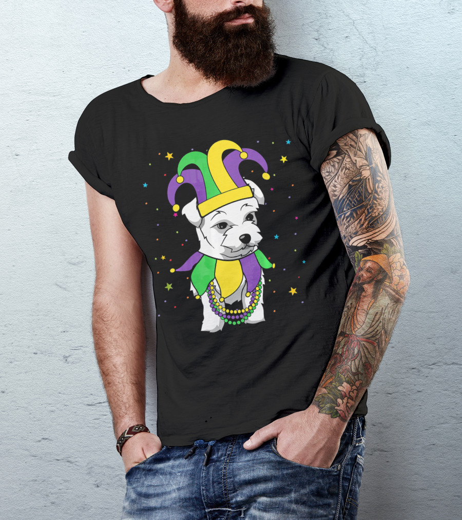 Havanese Dog Jester Hat Mardi Gras Beads Funny Stars T-Shirt
