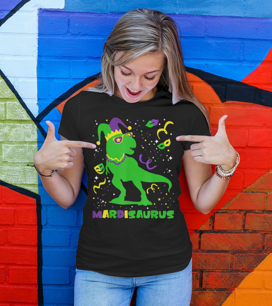 Mardi Gras Dinosaur Mardisaurus Jester Hat Beads Masks Party T-Shirt