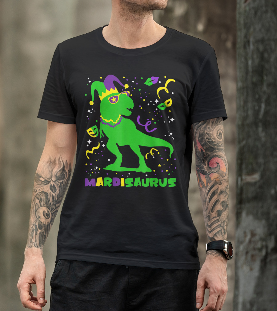 Mardi Gras Dinosaur Mardisaurus Jester Hat Beads Masks Party T-Shirt