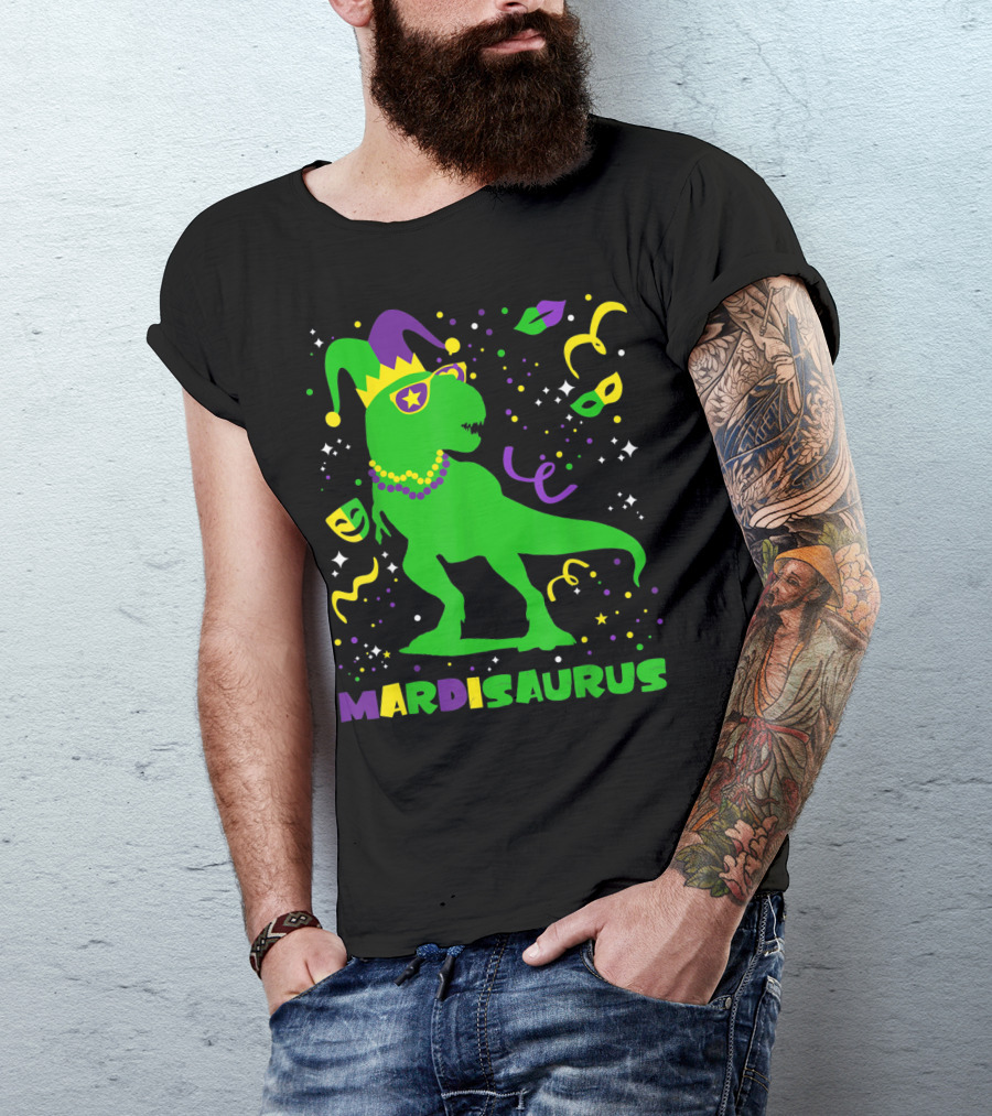 Mardi Gras Dinosaur Mardisaurus Jester Hat Beads Masks Party T-Shirt