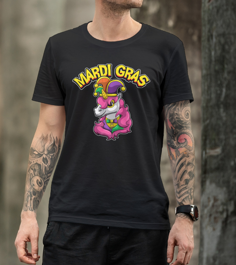 Mardi Gras Unicorn In Jester Hat With Colorful Costume T-Shirt