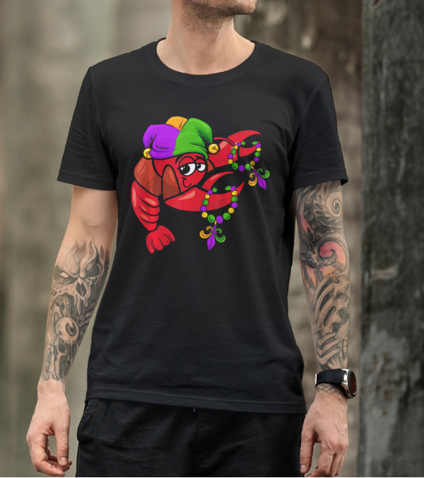 Funny Mardi Gras Dabbing Crawfish Jester With Beads And Hat T-Shirt