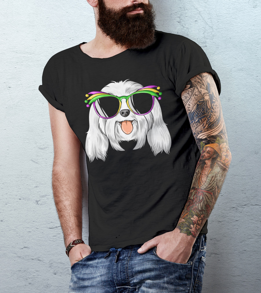 Maltese Dog With Mardi Gras Carnival Mask And Sunglasses T-Shirt