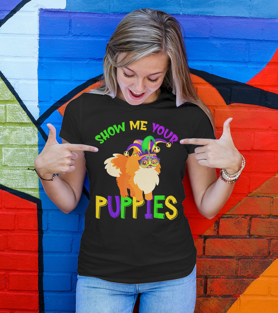 Show Me Your Puppies Pomeranian Jester Mask Colorful Fun T-Shirt