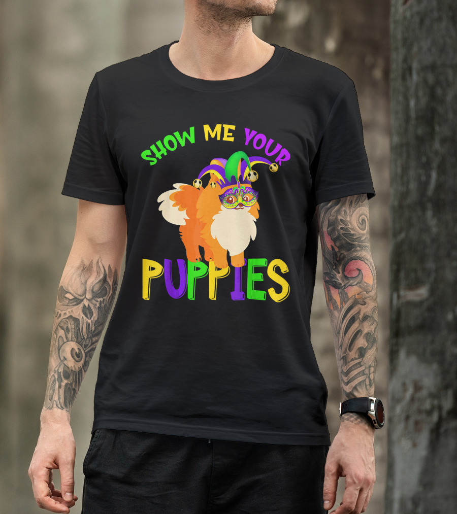 Show Me Your Puppies Pomeranian Jester Mask Colorful Fun T-Shirt