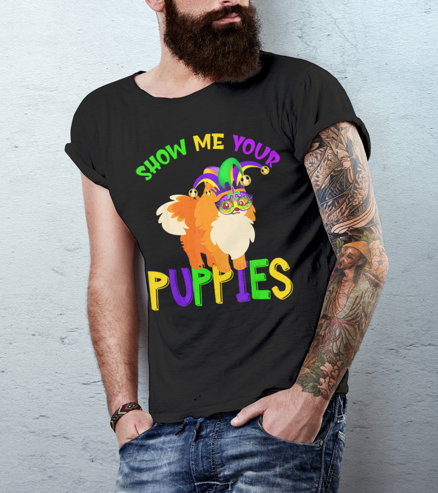 Show Me Your Puppies Pomeranian Jester Mask Colorful Fun T-Shirt