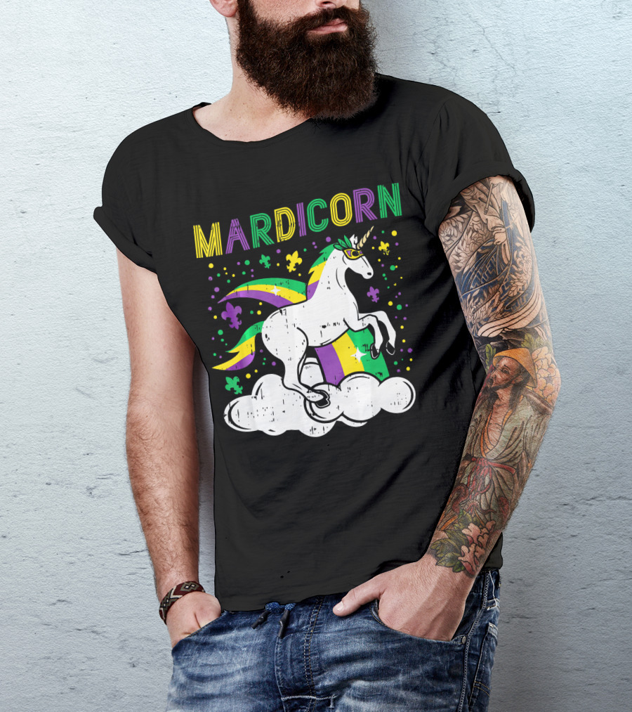 Mardicorn Retro Unicorn Jester Animal Mardi Gras Fleur-de-Lis Clouds T-Shirt