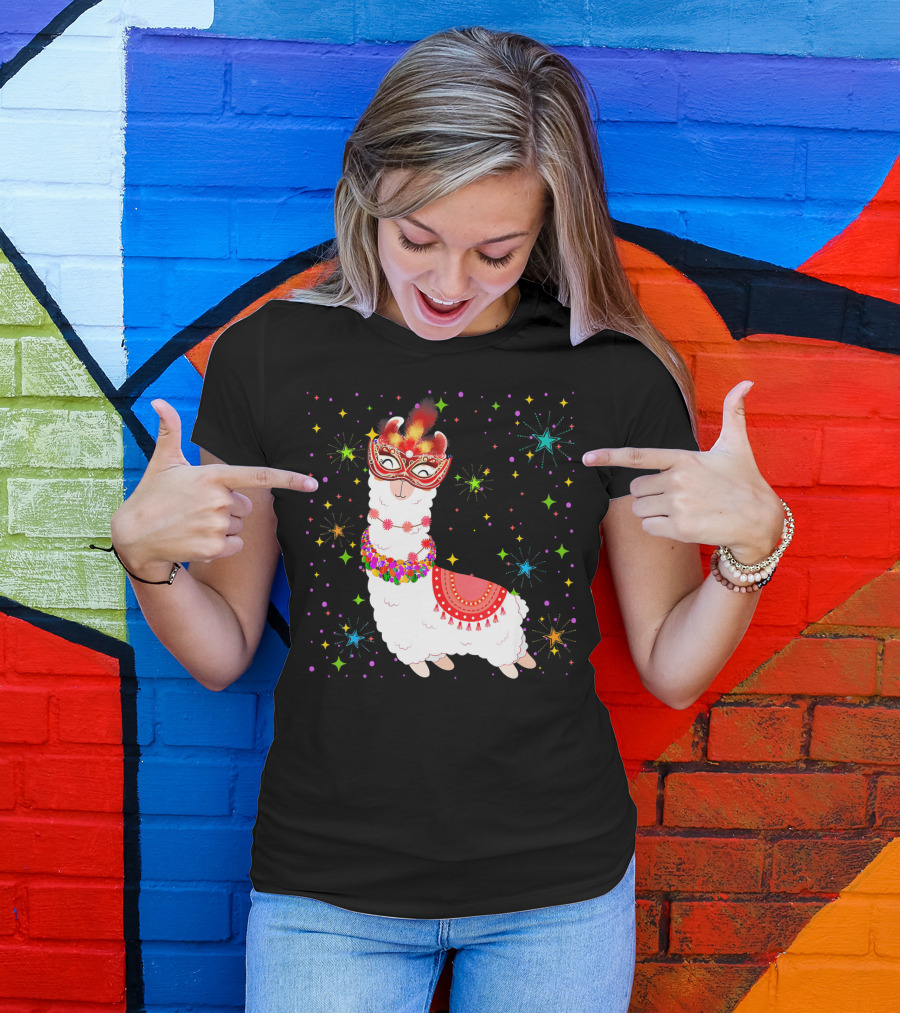 Llama Mardi Gras Mask Beads Colorful Festive Stars T-Shirt