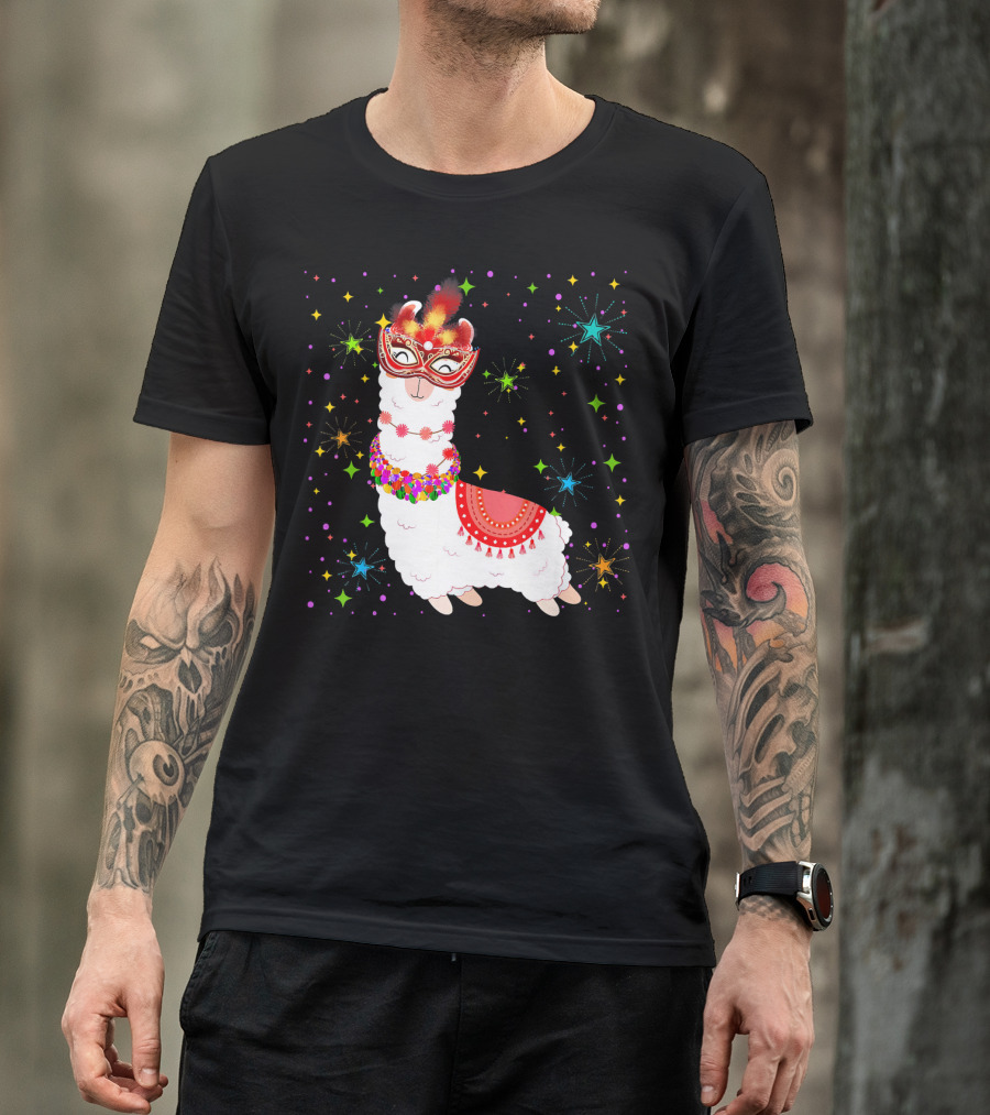 Llama Mardi Gras Mask Beads Colorful Festive Stars T-Shirt