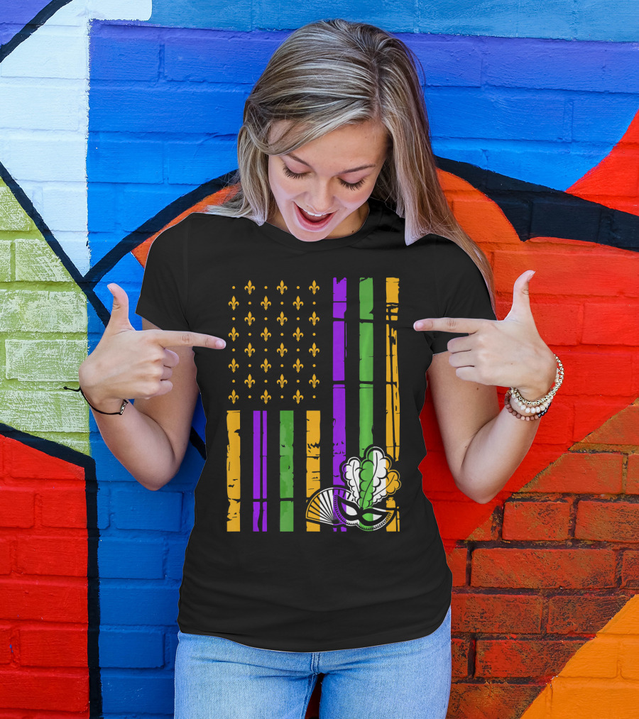US Mardi Gras Celebration Flag Fleur De Lis Mask T-Shirt
