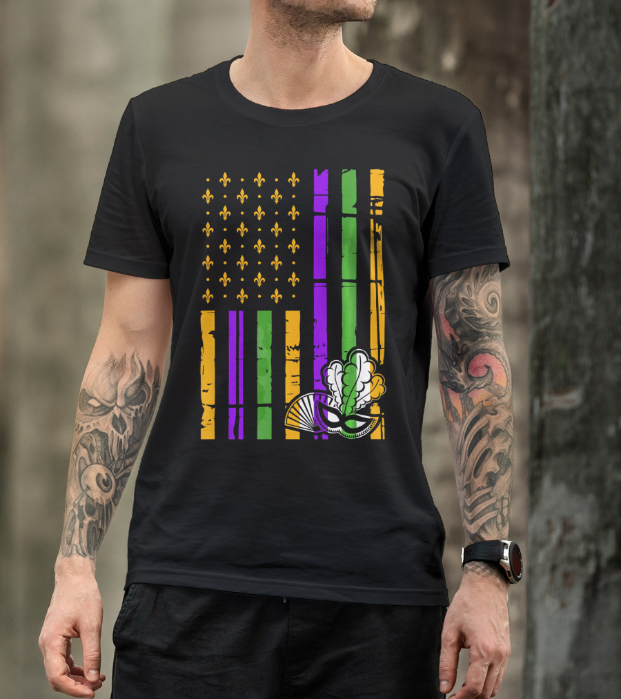 US Mardi Gras Celebration Flag Fleur De Lis Mask T-Shirt
