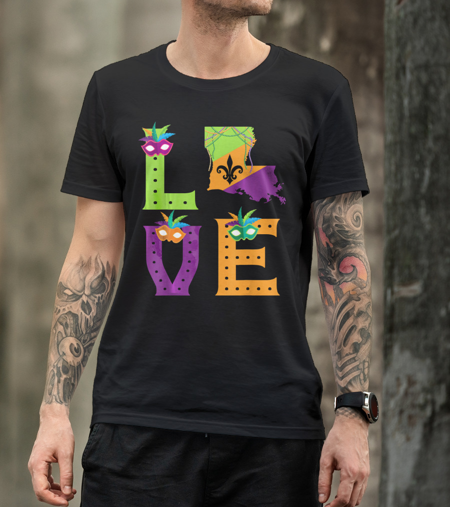 Love Mardi Gras Louisiana Fleur-de-lis Mask Beads T-Shirt