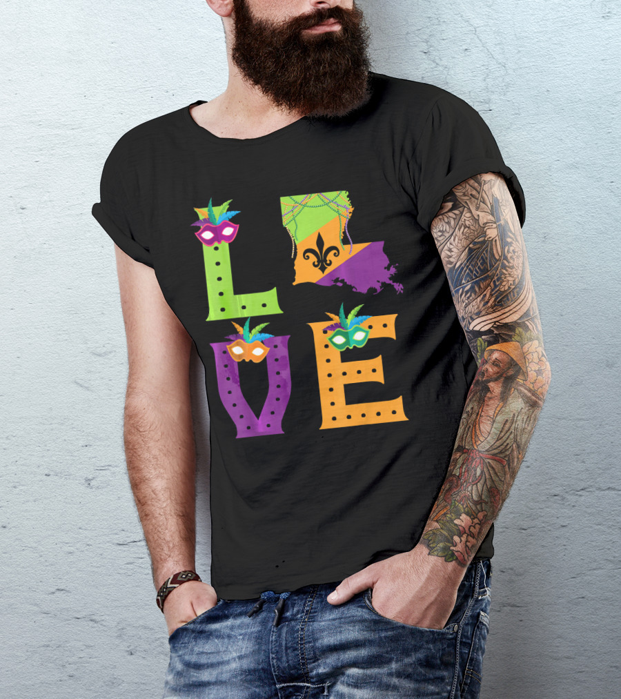 Love Mardi Gras Louisiana Fleur-de-lis Mask Beads T-Shirt