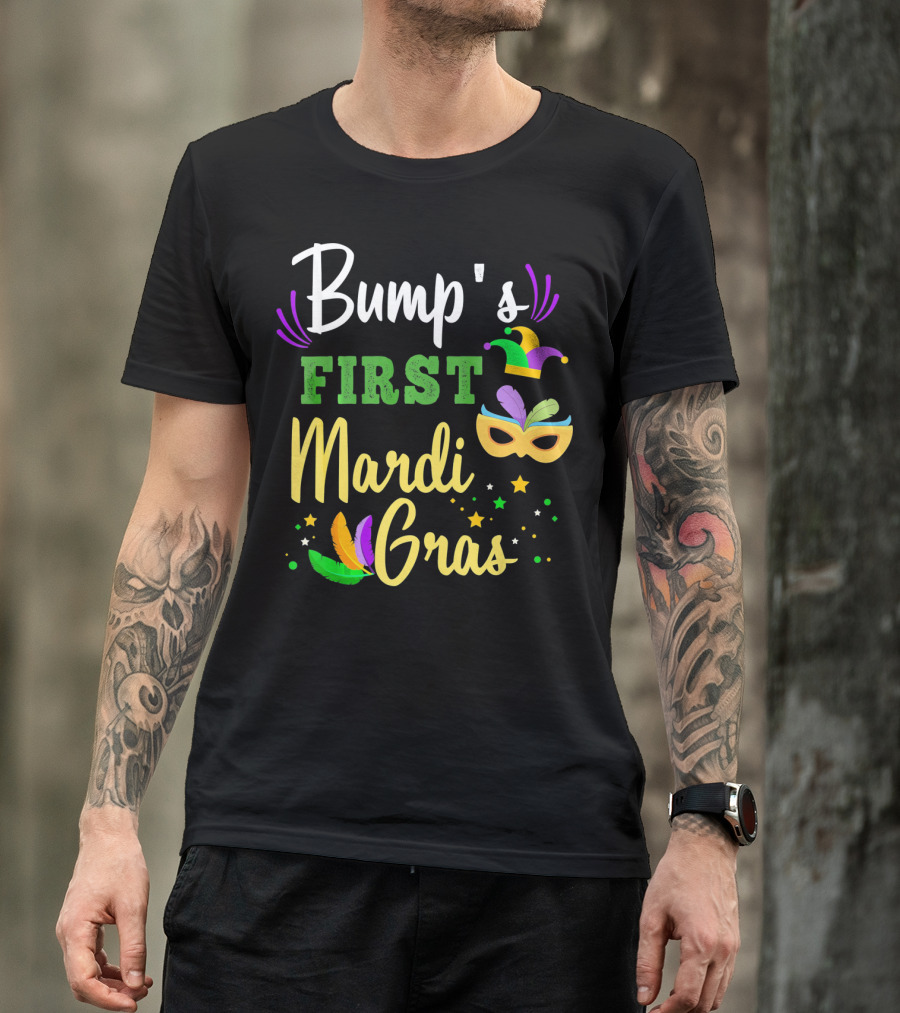 Bump's First Mardi Gras Jester Hat Mask Feathers Stars T-Shirt